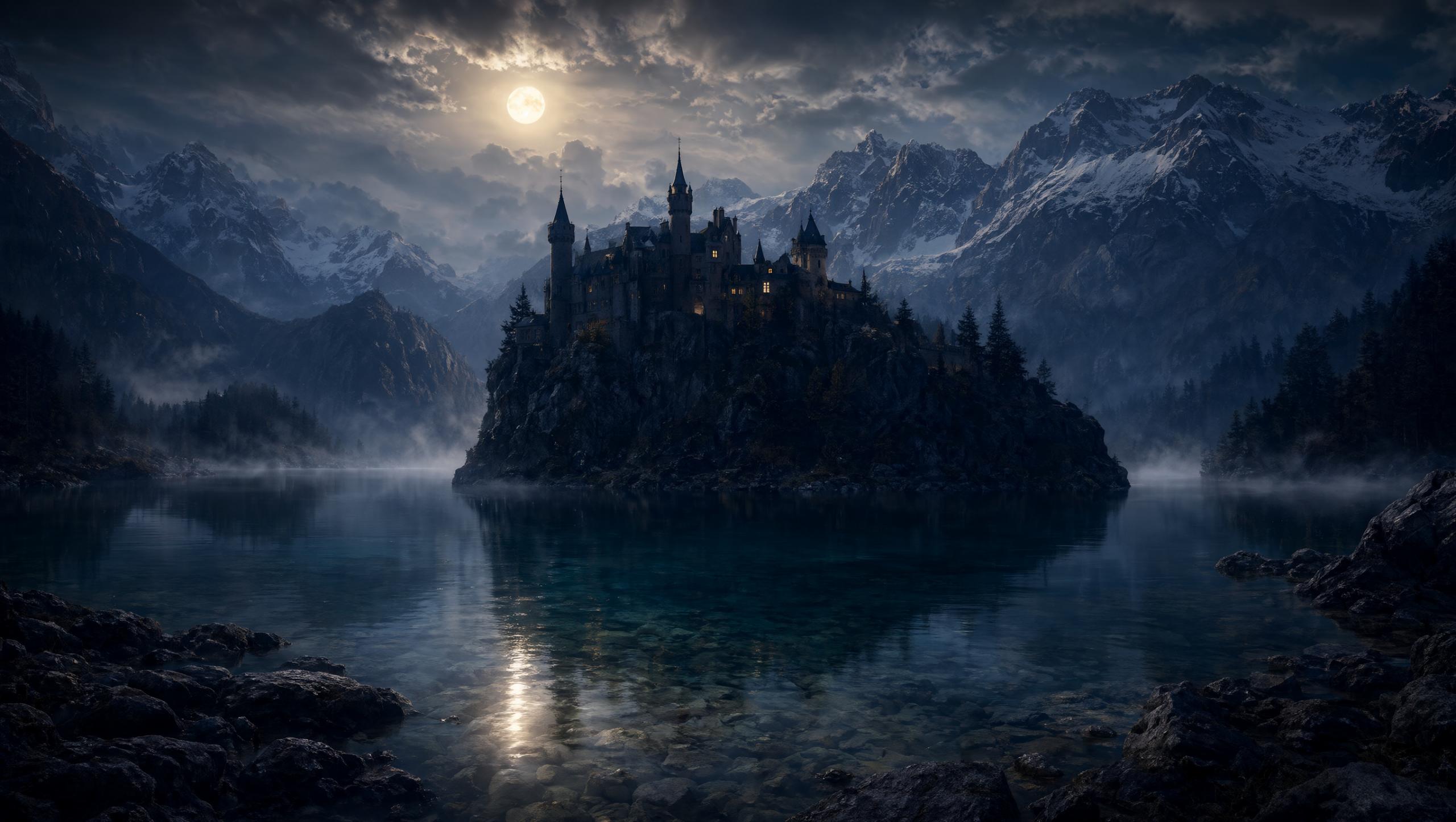 Wallpaper Le chateau de la lune - Lac des brumes 2K Intelligence Artificielle - IA