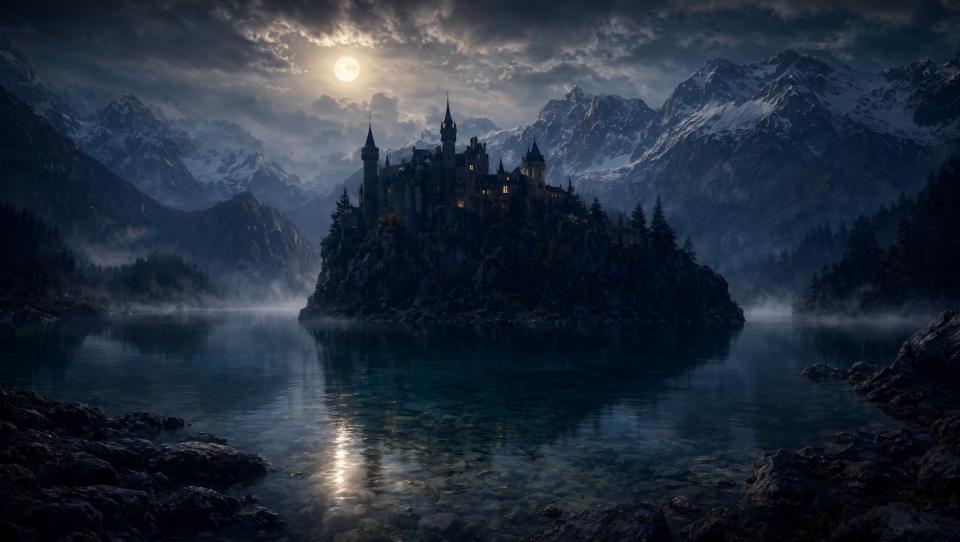 Wallpaper Le chateau de la lune - Lac des brumes 2K Intelligence Artificielle - IA