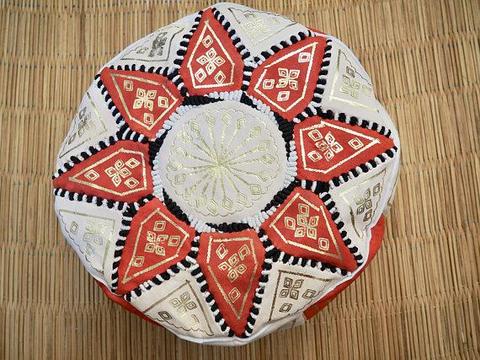 Moroccan leather pouf Orange pouf Orange and gold hand painted pouf