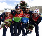 Relais de biathlon français en bronze aux jeux de Turin : Julien Robert, Vincent Defrasne,  Férréol Cannard et Raphaël Poirée 